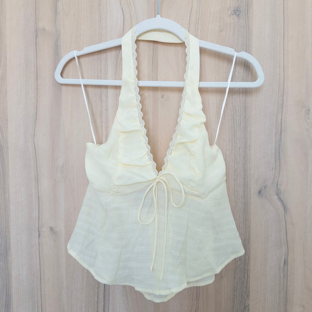 PacSun‎ Beverly Beck Halter Top XS Butter Yellow Ruffle Lace Babydoll Coquette